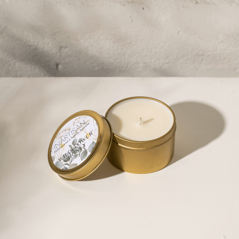 Hand Poured Soy Candle in Travel Tin - Brass - Wildflower & Honey